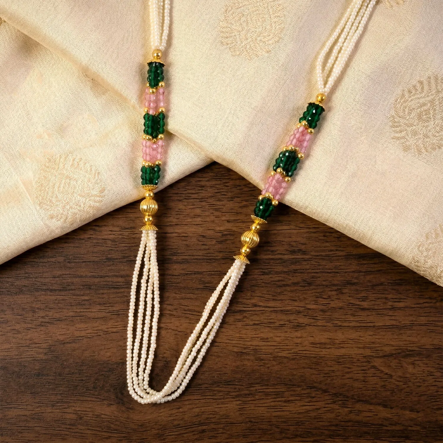 Handmade Multi-Strand Pearl Mala Necklace with Green & Pink Beads - Detailed Feature View 3