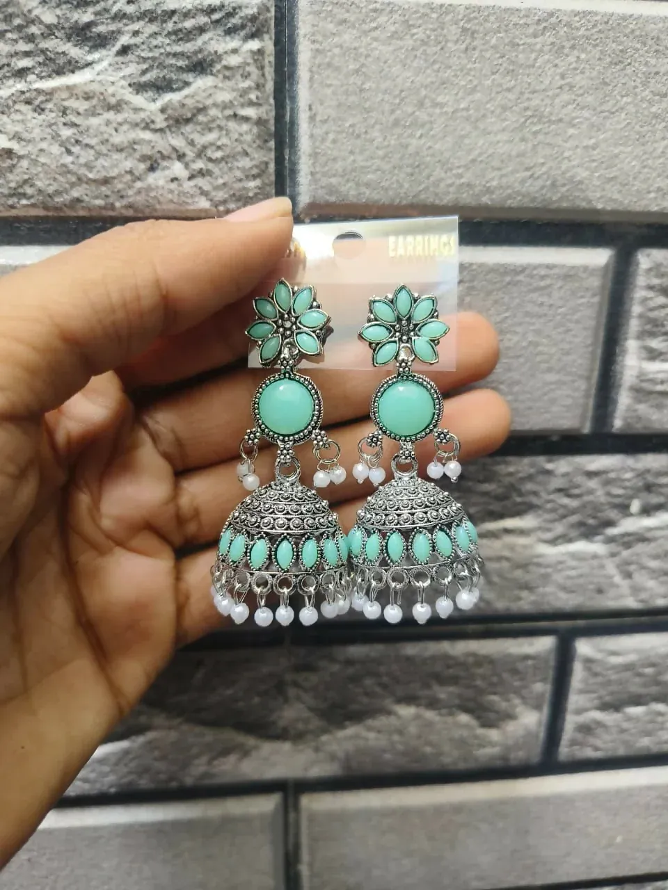 Elegant Oxidized Silver Jhumka Earrings with Sky Blue Stones & Pearl Accents - Detailed Feature View 4