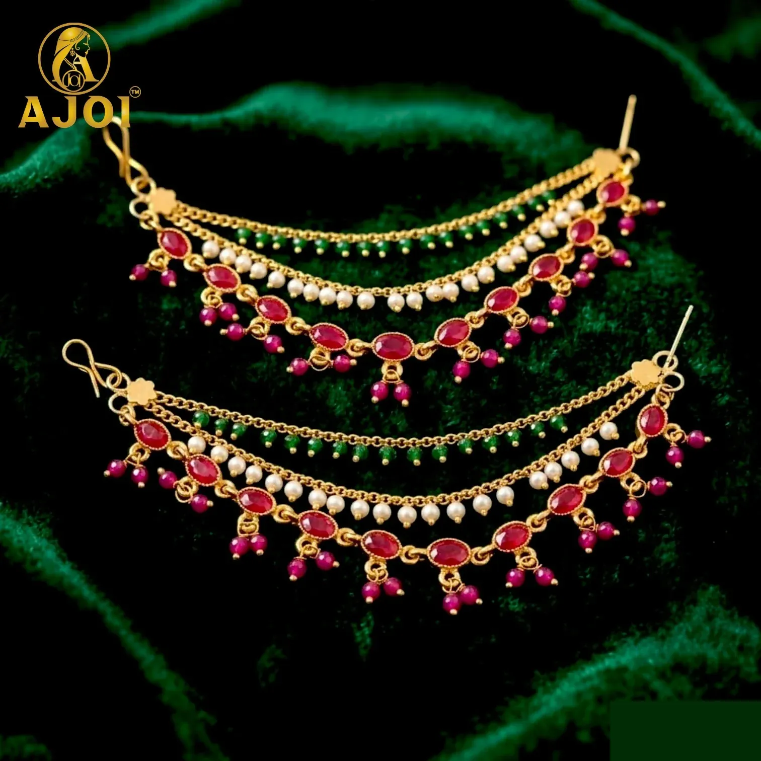 Traditional Gold-Tone Ruby, Emerald & Pearl Multi-Layer Chain Earrings - Detailed Feature View 3
