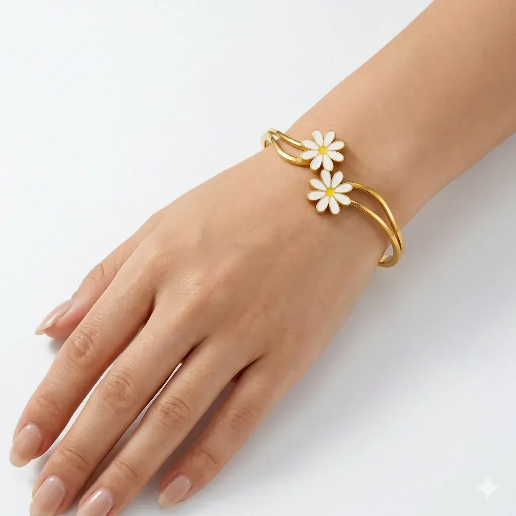 Eternal Bloom Gold-Tone Botanical Kada Bracelet for Women & Girls - Detailed Feature View 3
