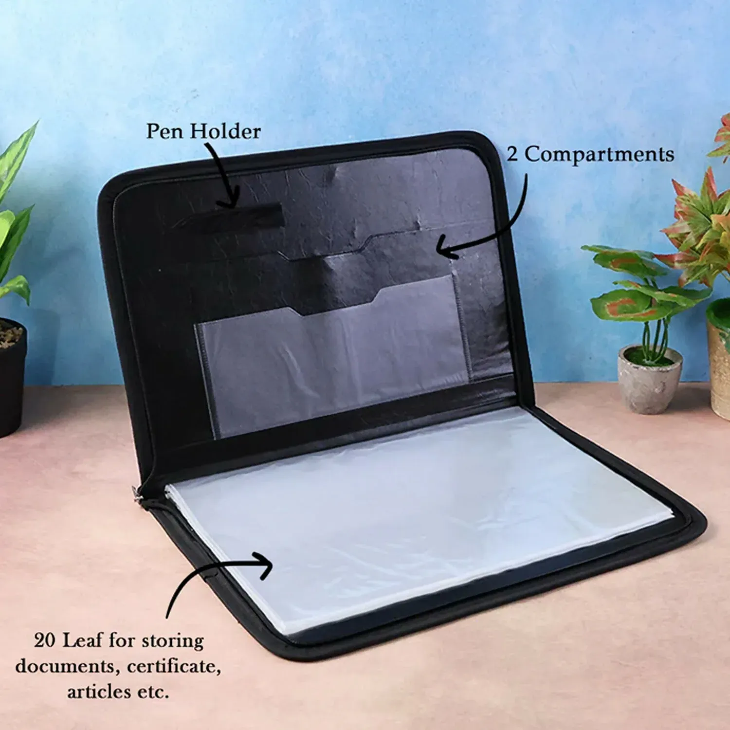 Executive Zipper Document File Folder with 20 Clear Sleeves - Detailed Feature View 2