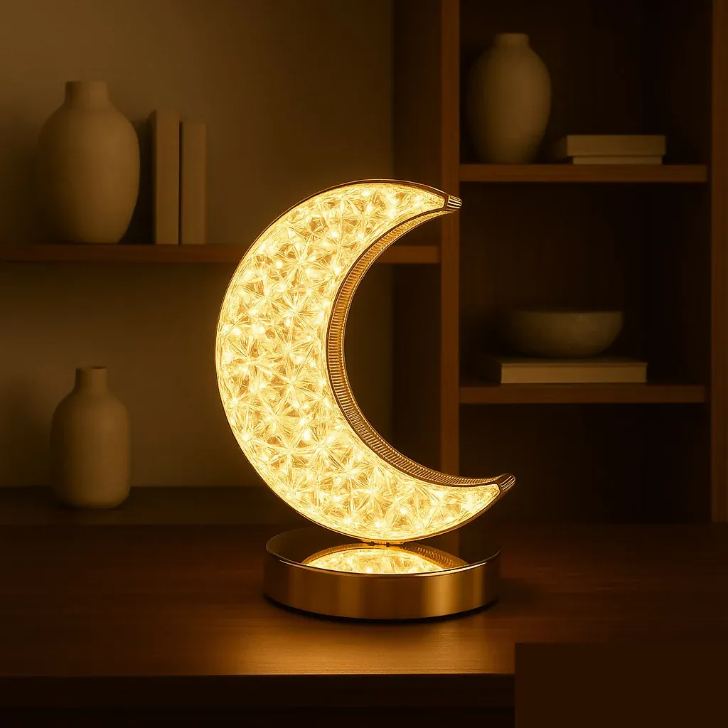 Premium Golden Crystal LED Moon Lamp – 3 Color Modes (White, Warm & Natural Light) – Elegant Crescent Night Light for Bedroom, Table Decor, or Gift – USB Rechargeable Touch Control Moonlight Lamp - Buy Online at Alikart