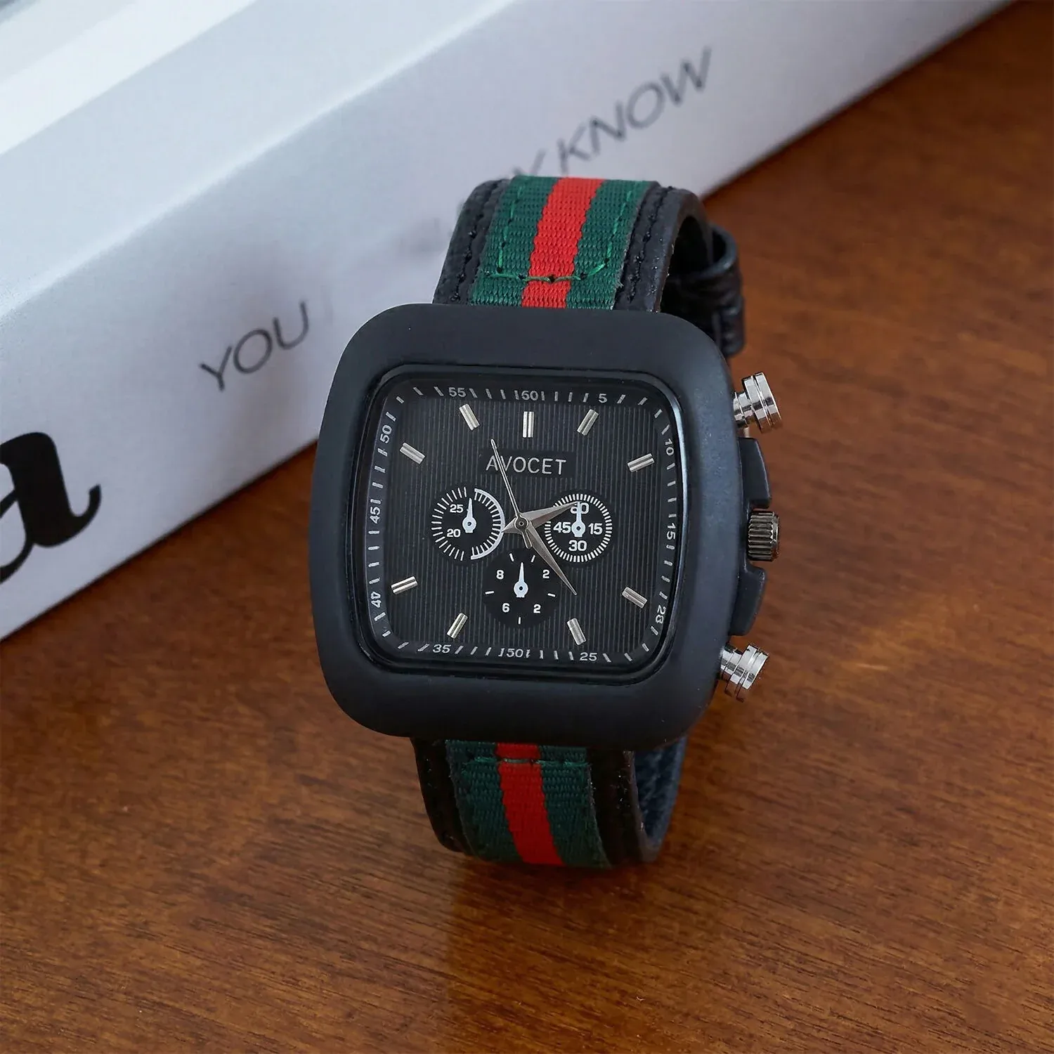 Stylish Black Square Dial Analog Watch with Striped Strap & Metal Case - Detailed Feature View 3