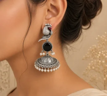 Royal Peacock Oxidized Silver Jhumka Earrings with Black Stone & Pearl Accents