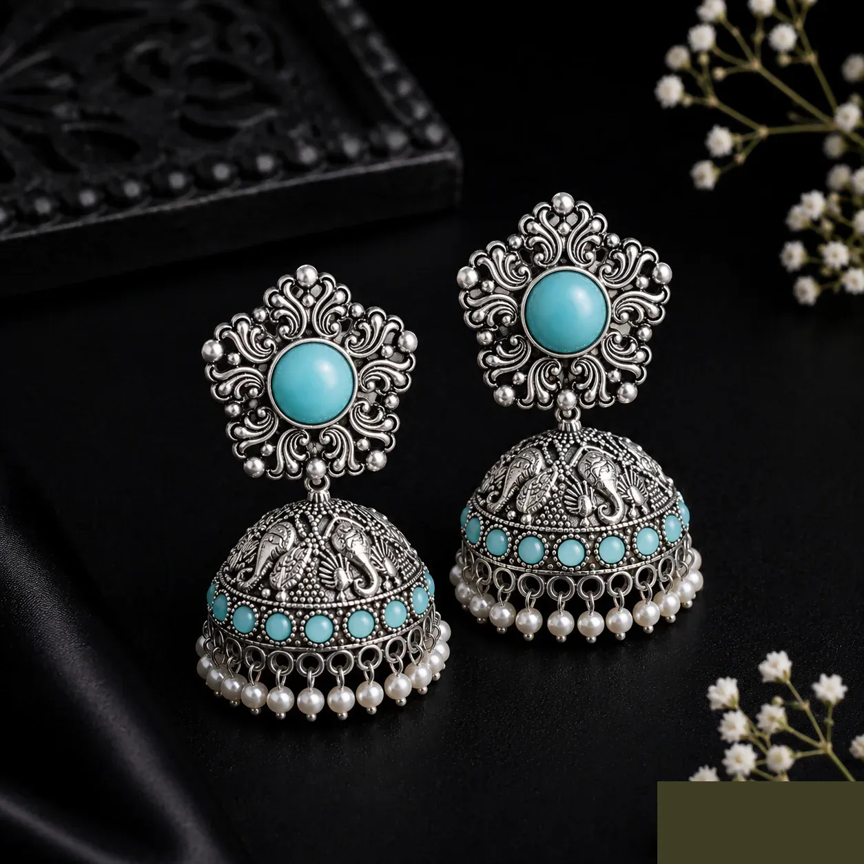Silver Oxidized Light Blue Jhumka Earrings with Pearls - Detailed Feature View 3