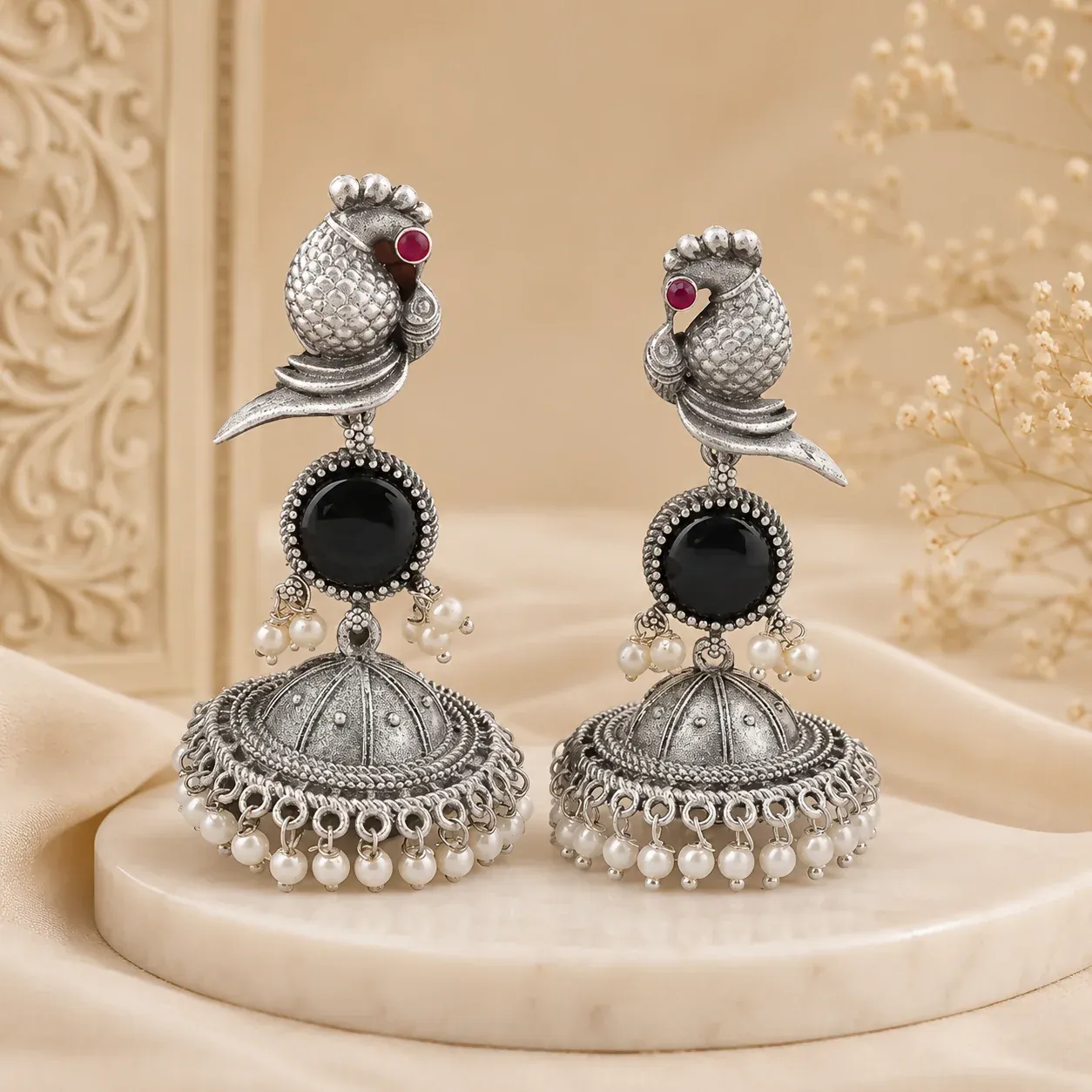Royal Peacock Oxidized Silver Jhumka Earrings with Black Stone & Pearl Accents - Detailed Feature View 1