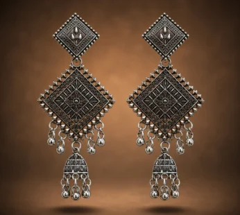 Oxidised Silver Geometric Jhumka Earrings for Women & Girls