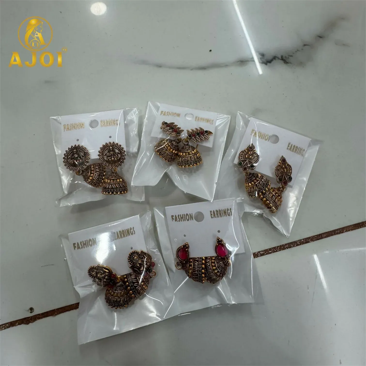 Traditional Antique Gold-Plated Temple Jhumka Earrings Combo Set for Women & Girls (Set of 5) - Detailed Feature View 4