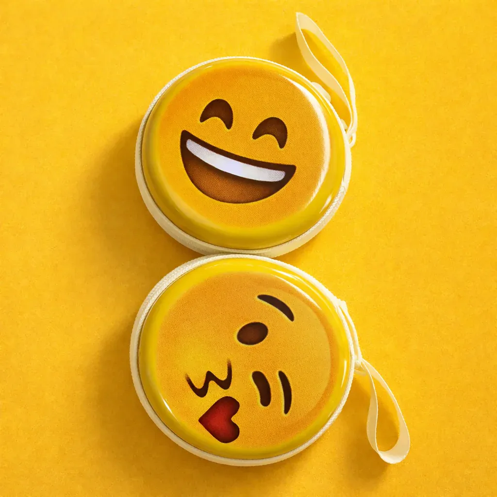 Emoji Print Round Coin Pouch with Zipper & Wrist Strap - Detailed Feature View 1