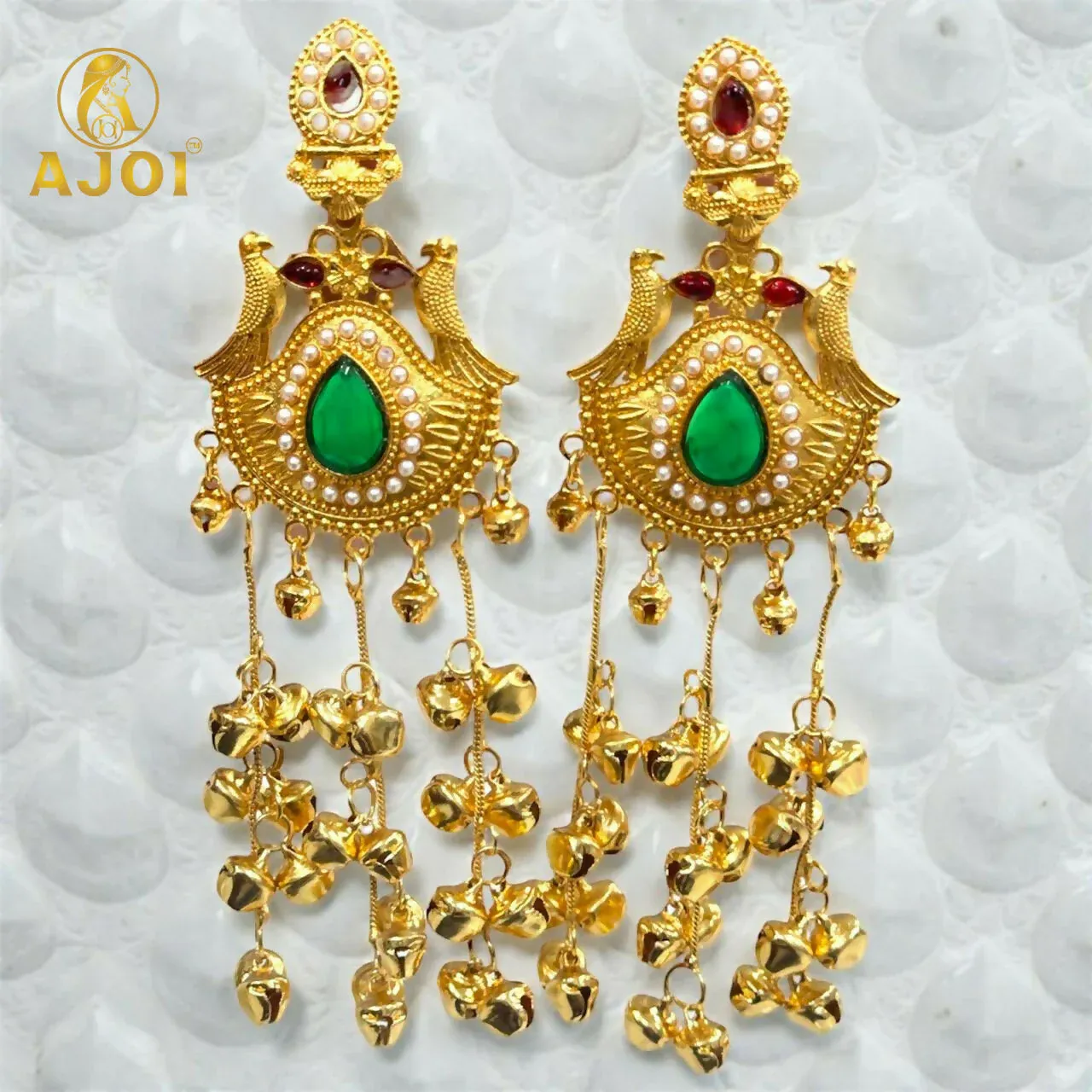 Traditional Kashmiri Gold-Plated Jhumka Earrings with Green Stone & Ghungroo Drops - Detailed Feature View 2