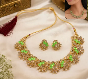 Premium Green Stone Floral Necklace Set with Matching Earrings for Women
