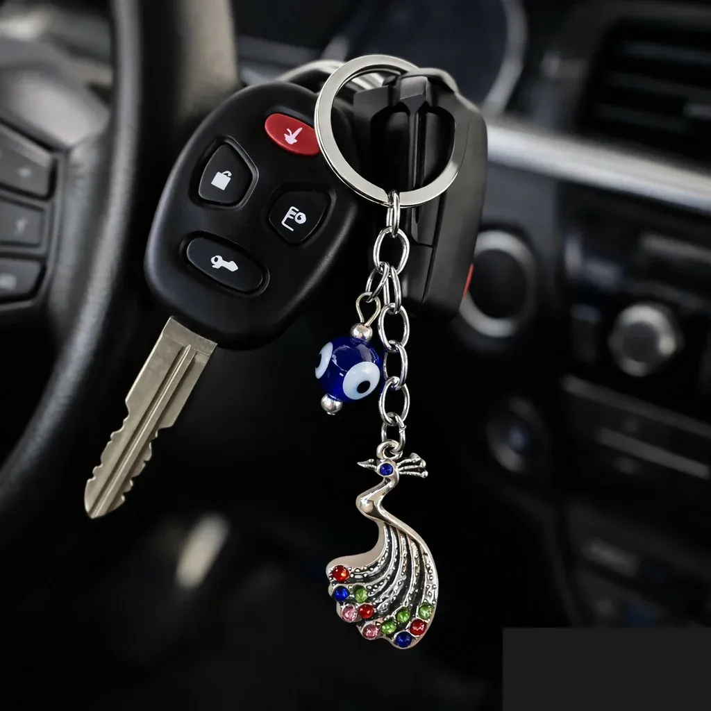 Peacock Evil Eye Keychain with Multicolour Stones for Car Keys & Bags - Detailed Feature View 2