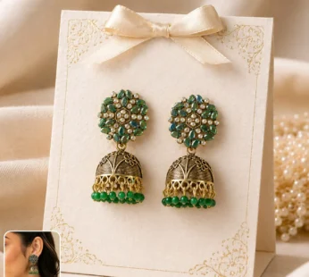 Antique Golden Jhumka Earrings with Green Stone Floral Top
