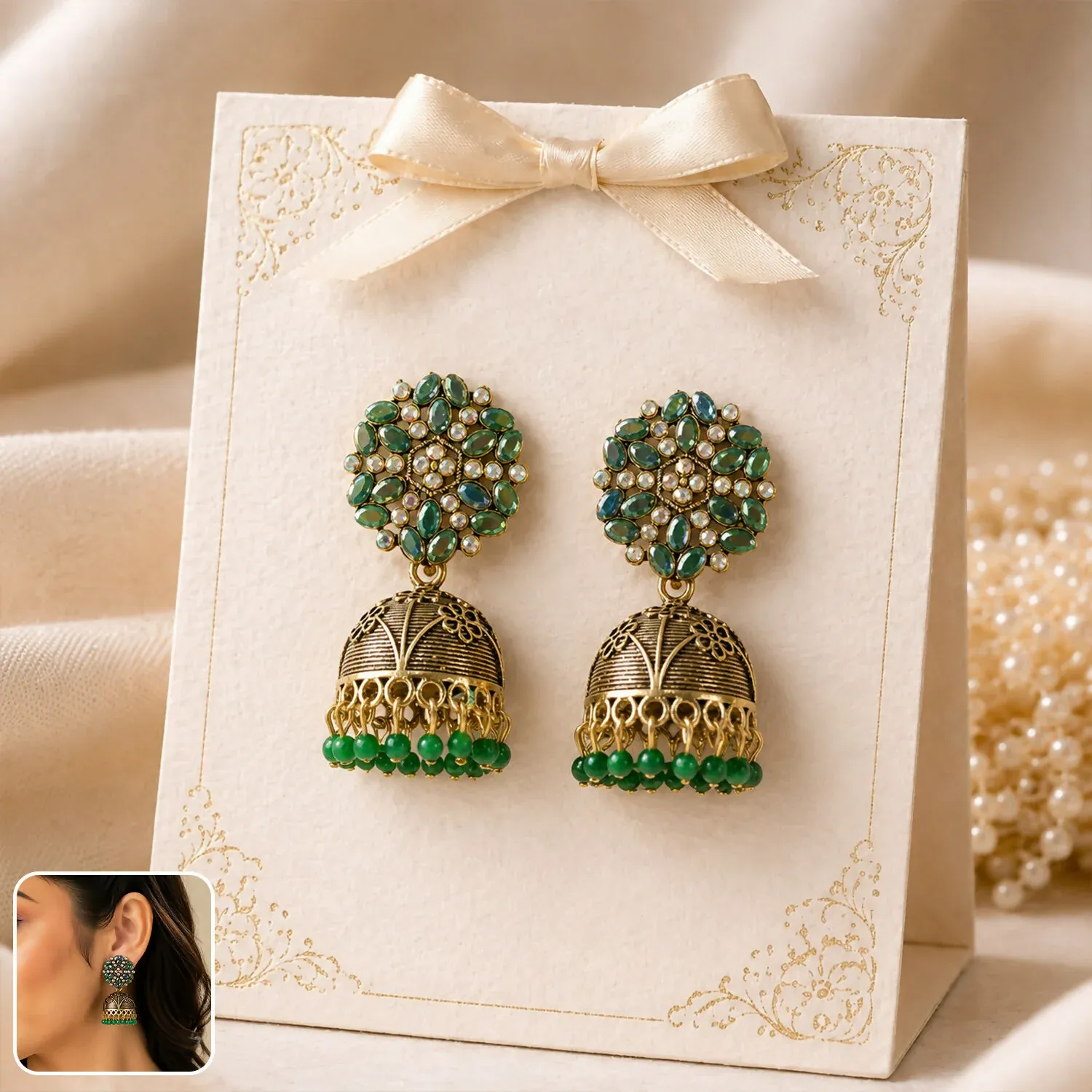 Premium Antique Golden Jhumka Earrings with Green Stone Floral Top - Buy Online at Alikart