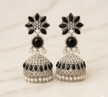 Traditional Silver Oxidized Jhumka Earrings with Black Stones & Pearl Accents