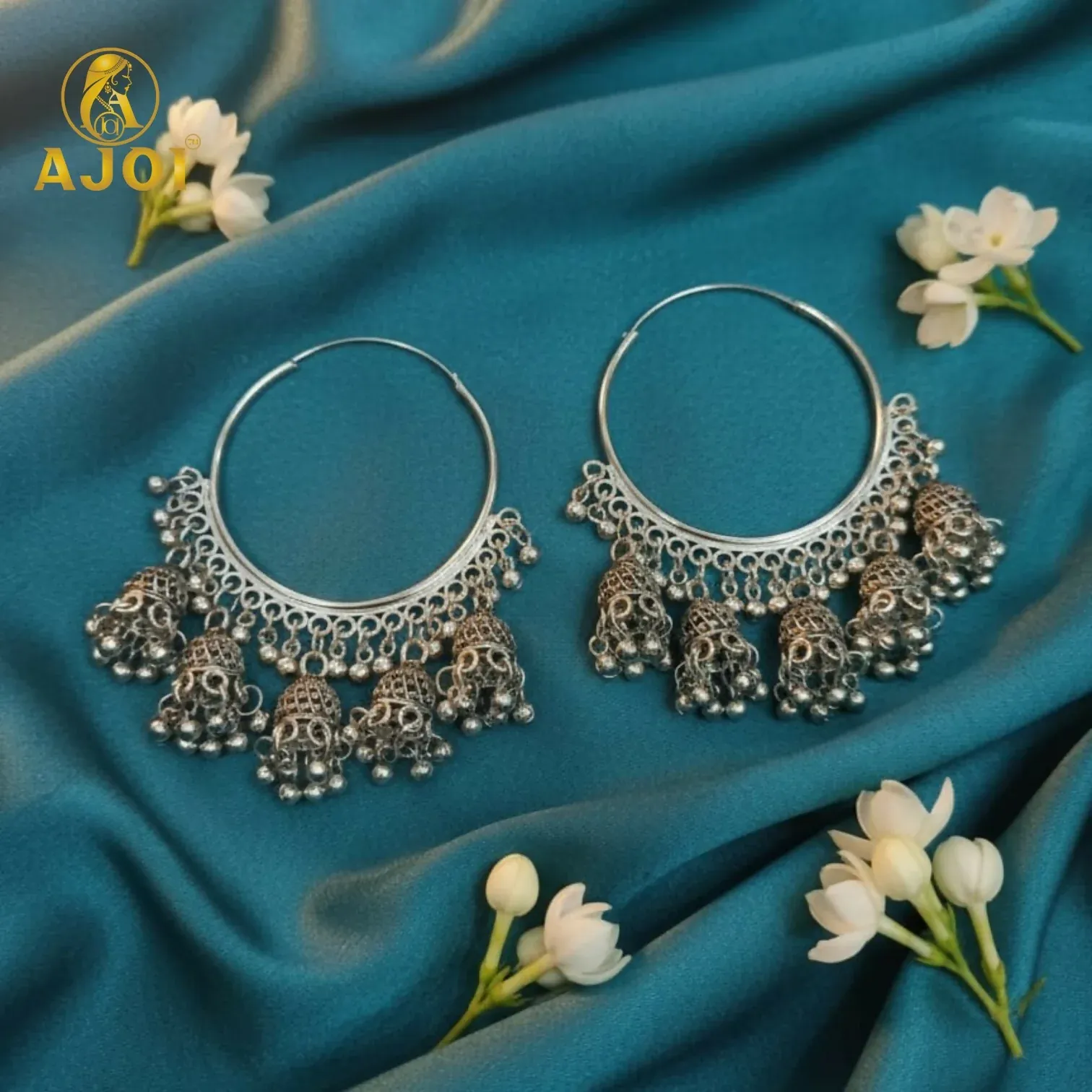 Premium Handcrafted Oxidized Silver Hoop Jhumka Earrings with Intricate Filigree Detailing and Multiple Dangling Bell Drops - Buy Online at Alikart