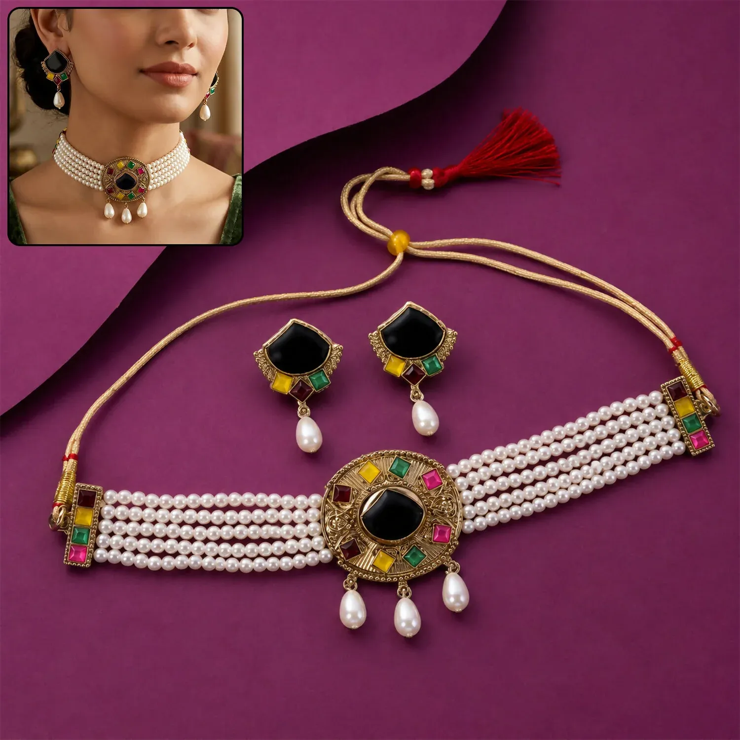 Premium Regal Heirloom — Multi-Strand Pearl Choker with Kundan Centerpiece & Pearl Droplets - Buy Online at Alikart