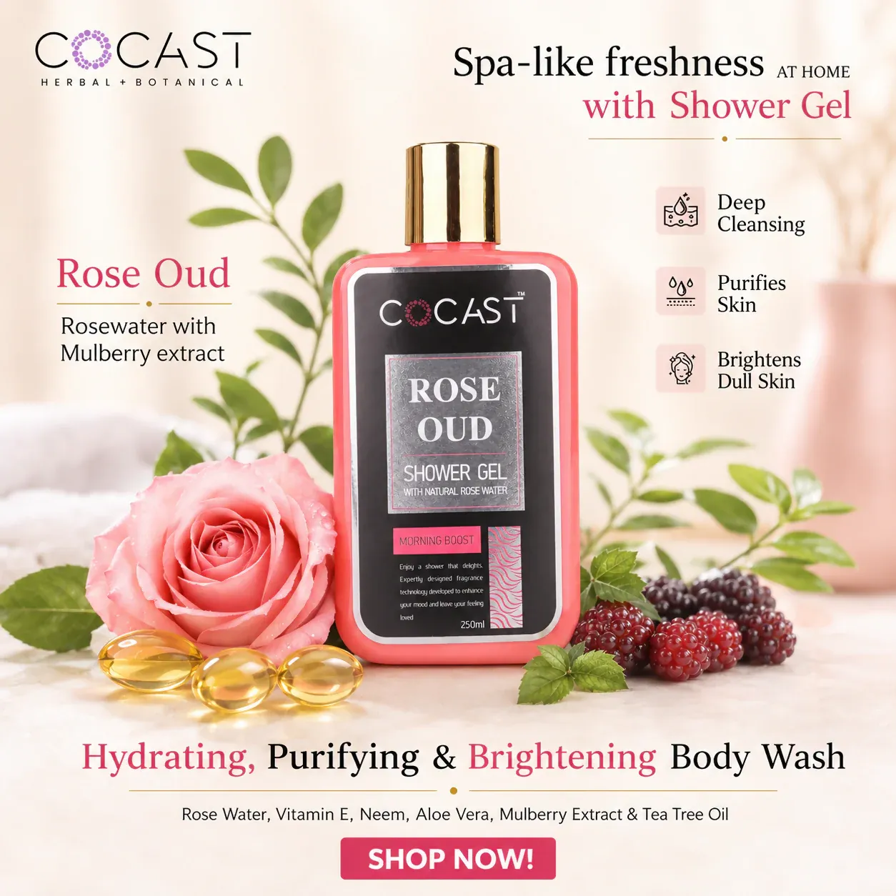 COCAST Rose Oud Shower Gel with Natural Rose Water (250ml) - Detailed Feature View 1