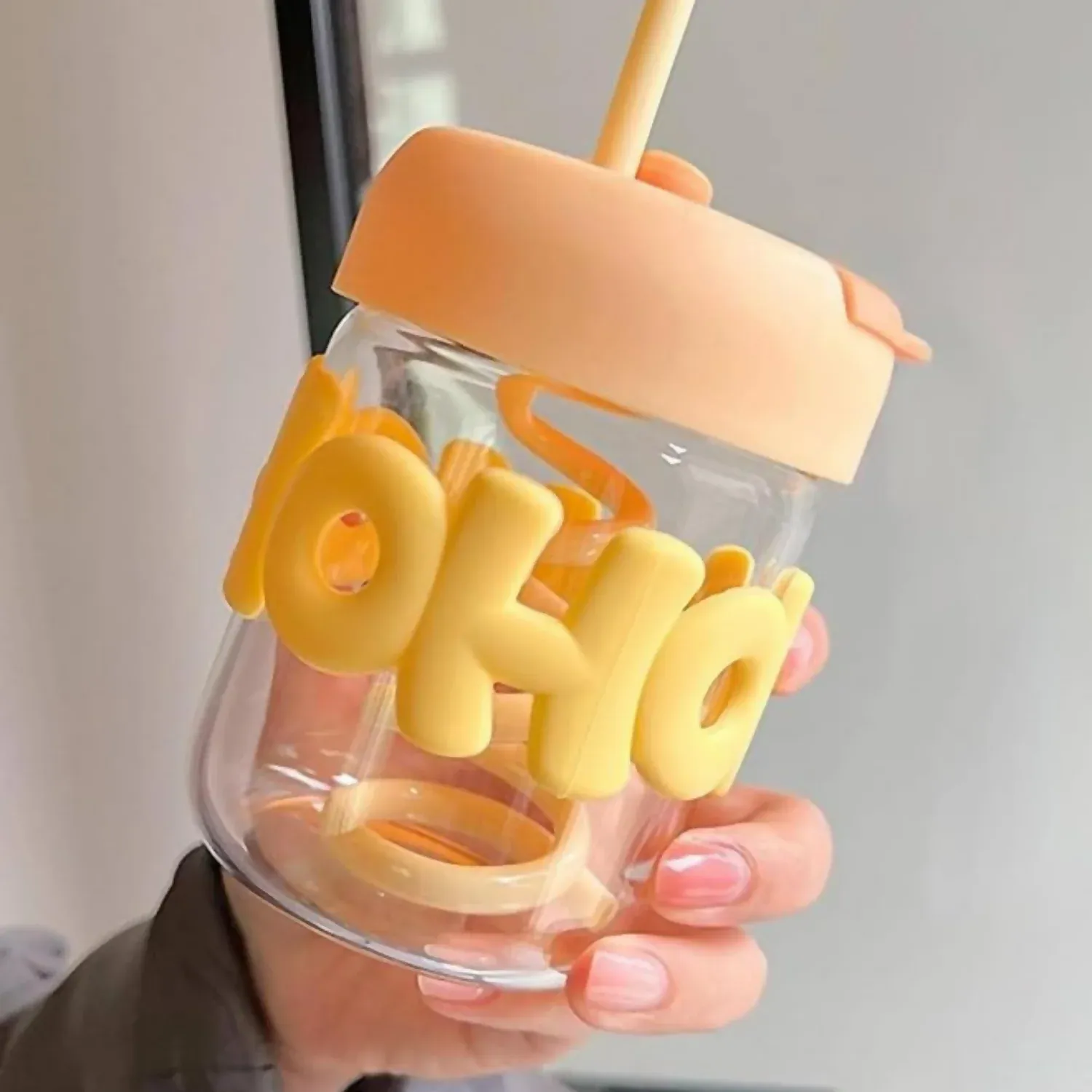 HOHO Pastel Yellow Glass Milk Jar with Straw & Silicone Lid – 350ml Leakproof Tumbler - Detailed Feature View 2