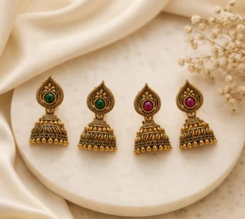 Antique Gold Plated Stone Jhumka Earrings Combo Set