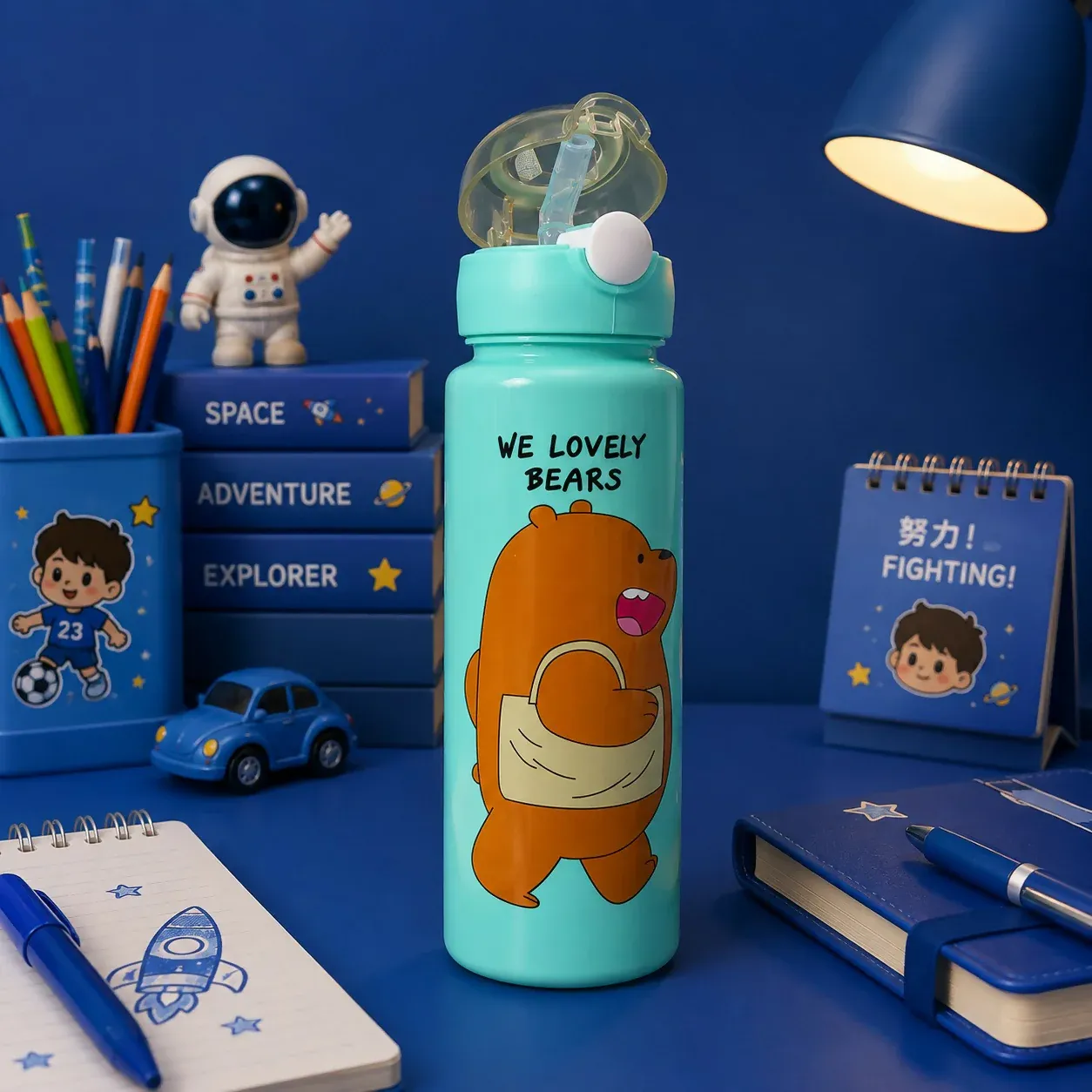 Kids Water Bottle – Fun Bear Design with Straw & Leakproof Lid - Detailed Feature View 1
