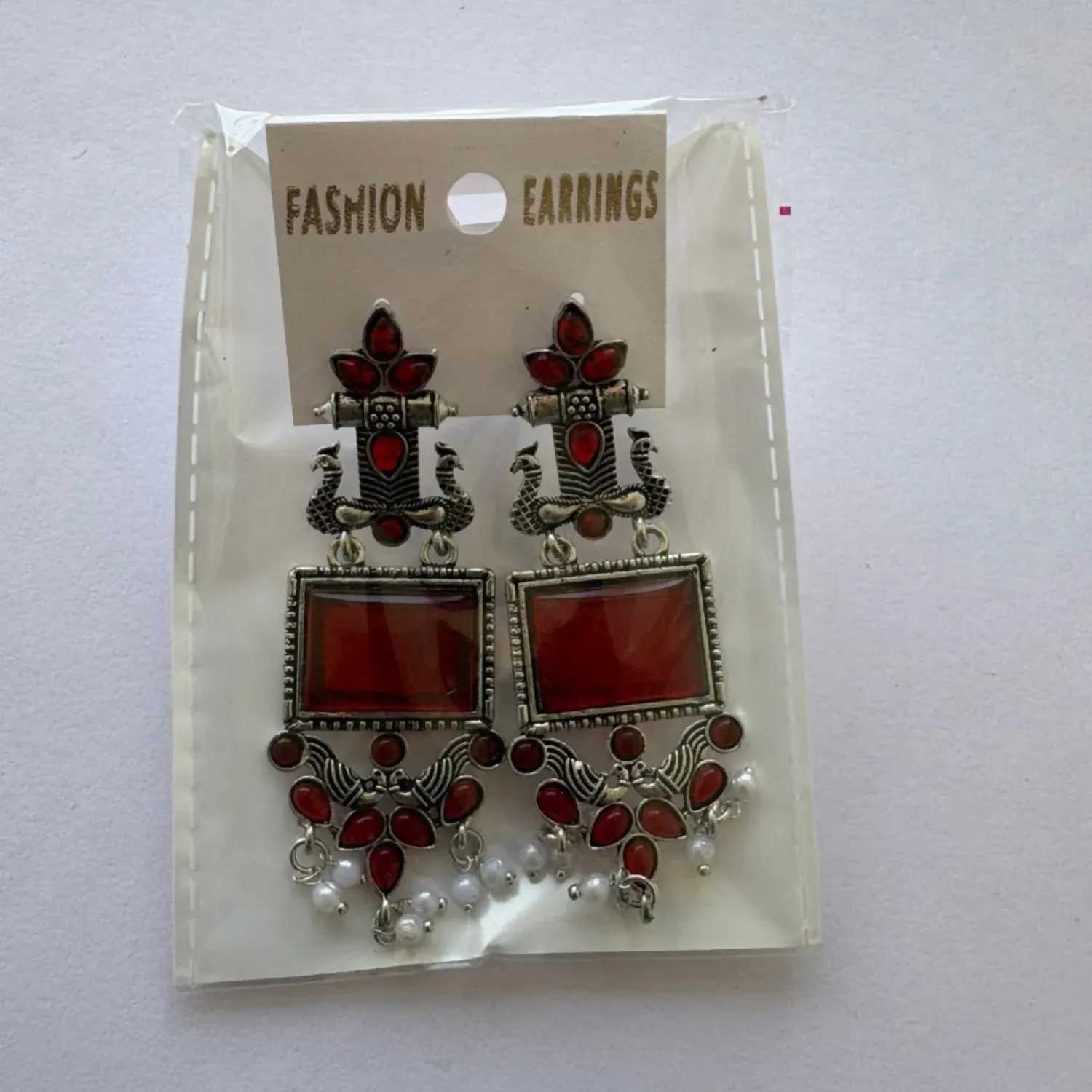 Traditional Oxidized Silver Maroon Stone Pearl Drop Earrings - Detailed Feature View 4