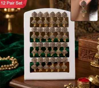 12 Pair Oxidised Round Floral Jhumka Earrings Set for Women