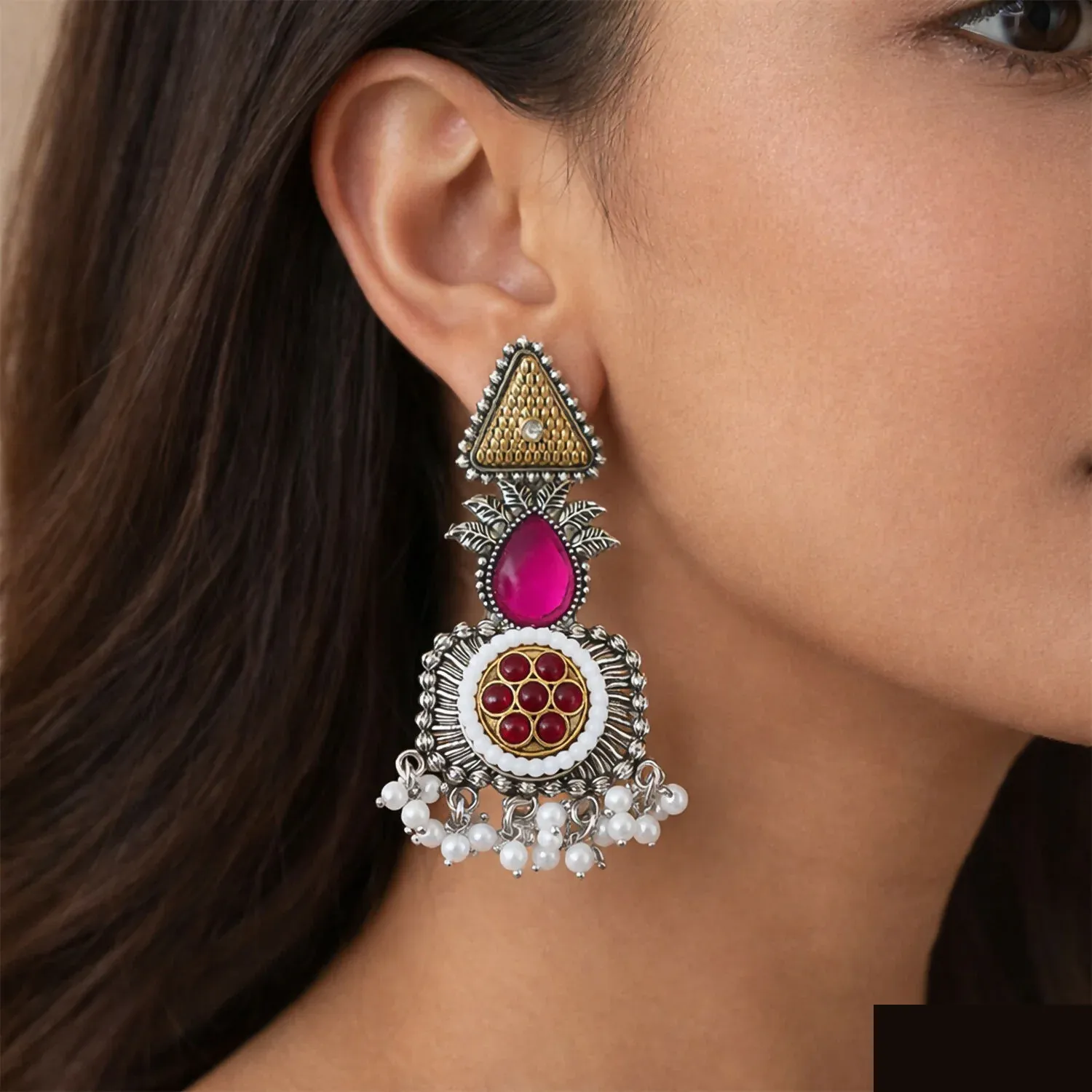 Traditional Oxidized Silver Earrings with Gold Tone Studs & Pearl Drop Fringe - Detailed Feature View 3