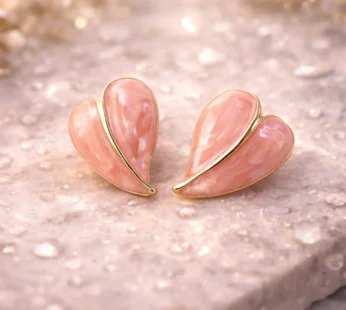Elegant Peach Glossy Leaf Design Stud Earrings with Gold Finish for Women