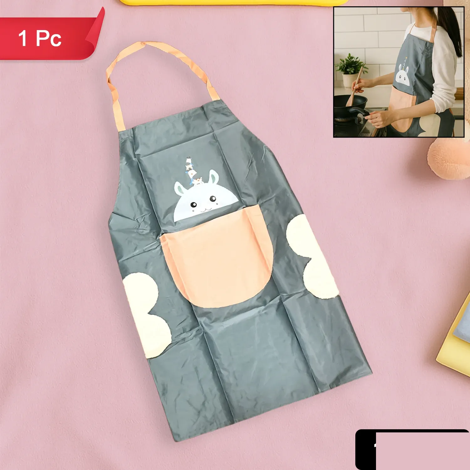 Cartoon Animal Kitchen Apron – Durable with Front Pocket - Detailed Feature View 1
