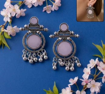Oxidized Silver Pink Stone Earrings – Antique Boho Dangle