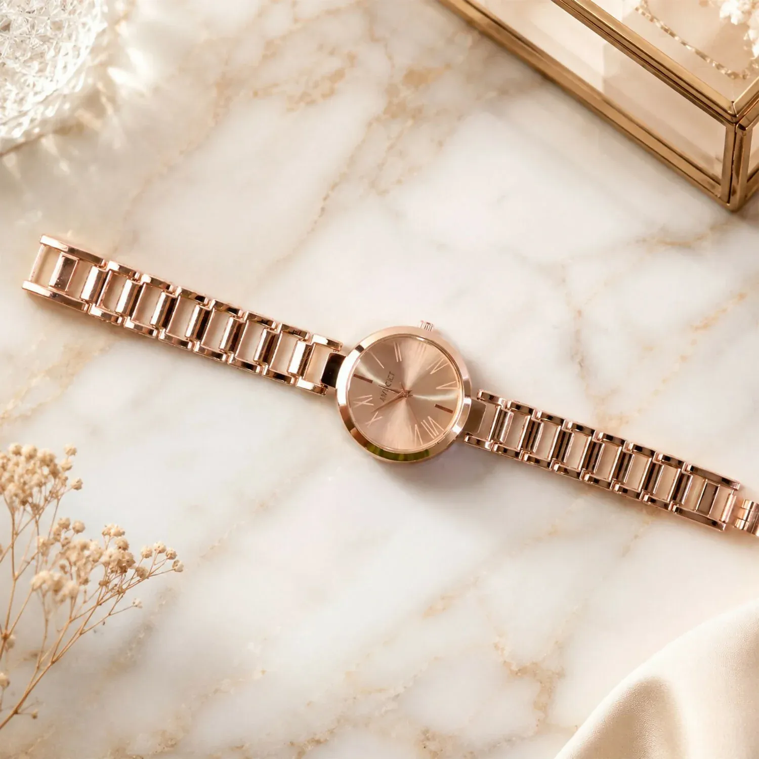 Rose Gold Round Dial Bracelet Watch for Women – Elegant Fashion Wristwear - Detailed Feature View 3