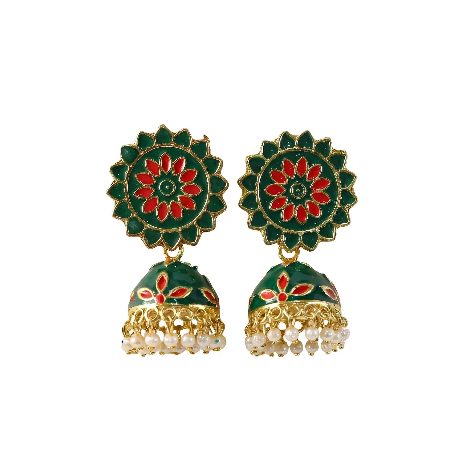 Green and Red Floral Enamel Jhumka Earrings with Pearl Drop Design - Detailed Feature View 4