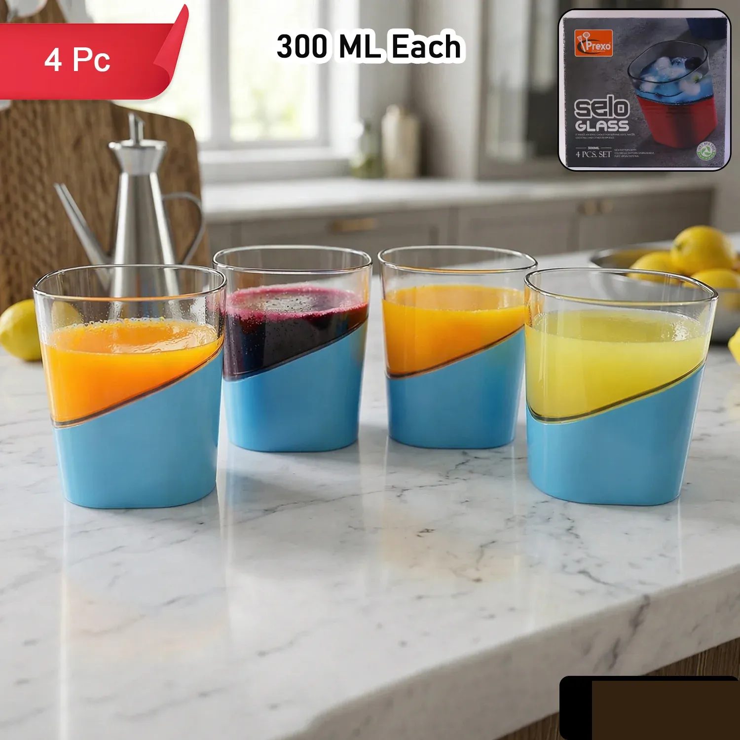 Prexo Stylish Grip Base Plastic Selo Glass (4 Pc, Set 300 ML Each) - Detailed Feature View 1