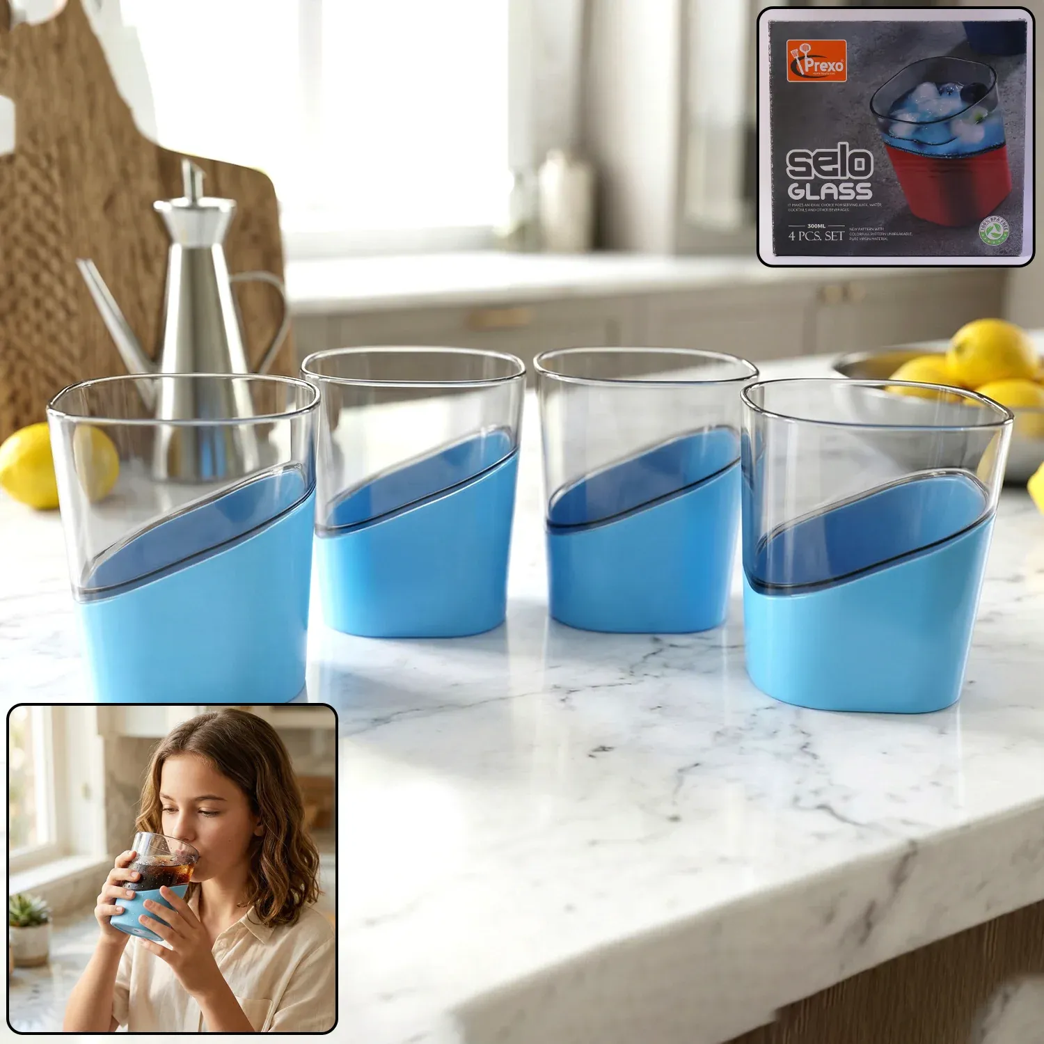 Premium Prexo Stylish Grip Base Plastic Selo Glass (4 Pc, Set 300 ML Each) - Buy Online at Alikart