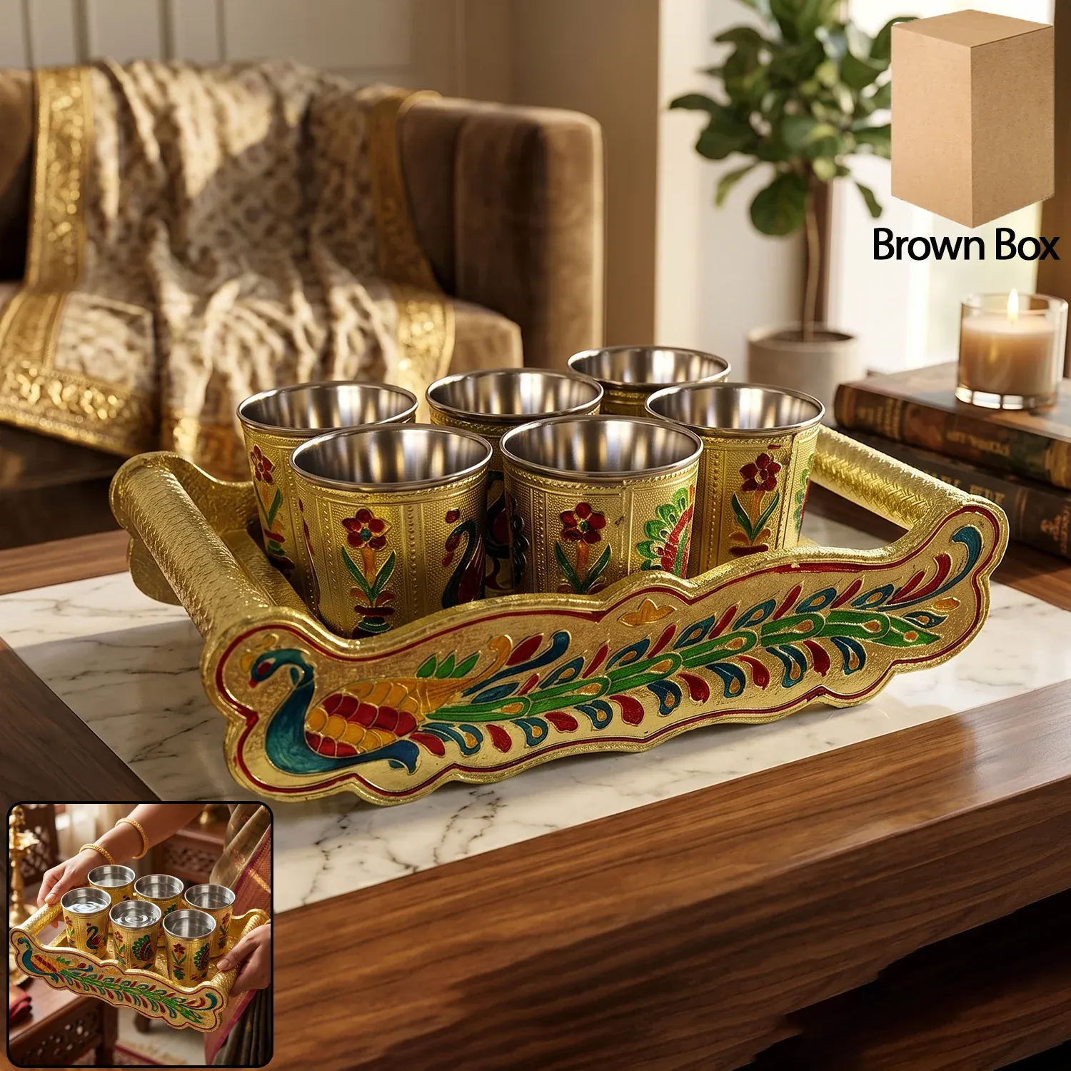 Peacock Minakari Glass & Handicraft Serving Tray Set - 6pcs - Detailed Feature View 2