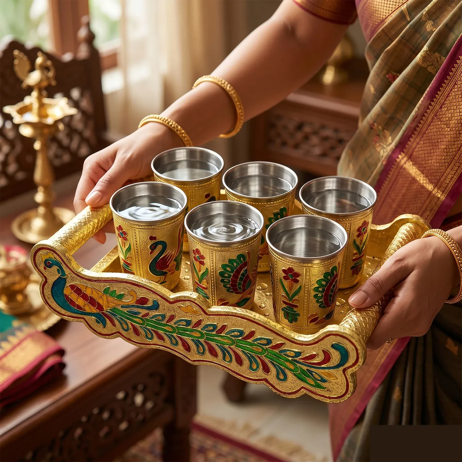 Peacock Minakari Glass & Handicraft Serving Tray Set - 6pcs - Detailed Feature View 3