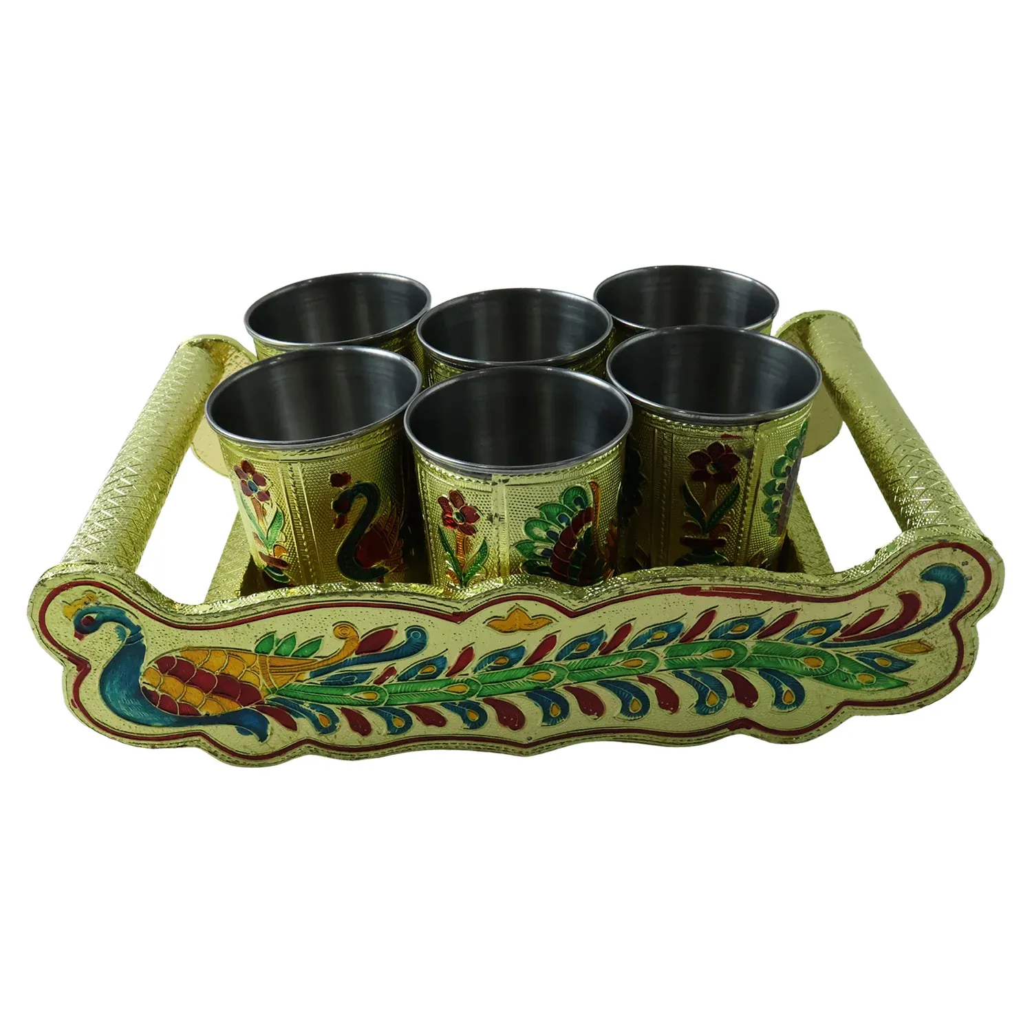 Peacock Minakari Glass & Handicraft Serving Tray Set - 6pcs - Detailed Feature View 4