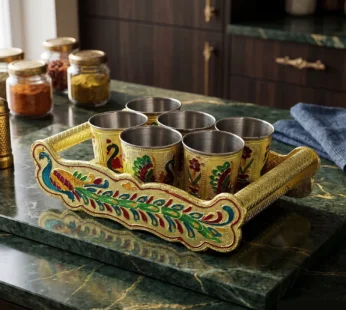 Peacock Minakari Glass & Handicraft Serving Tray Set – 6pcs