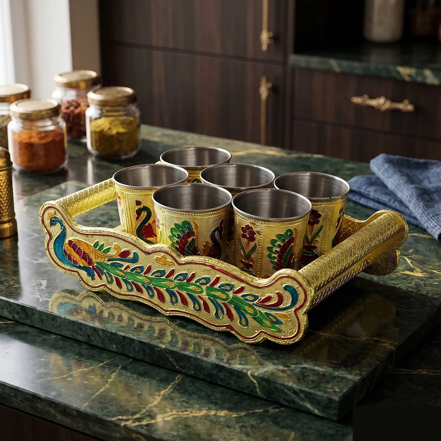 Premium Peacock Minakari Glass & Handicraft Serving Tray Set - 6pcs - Buy Online at Alikart