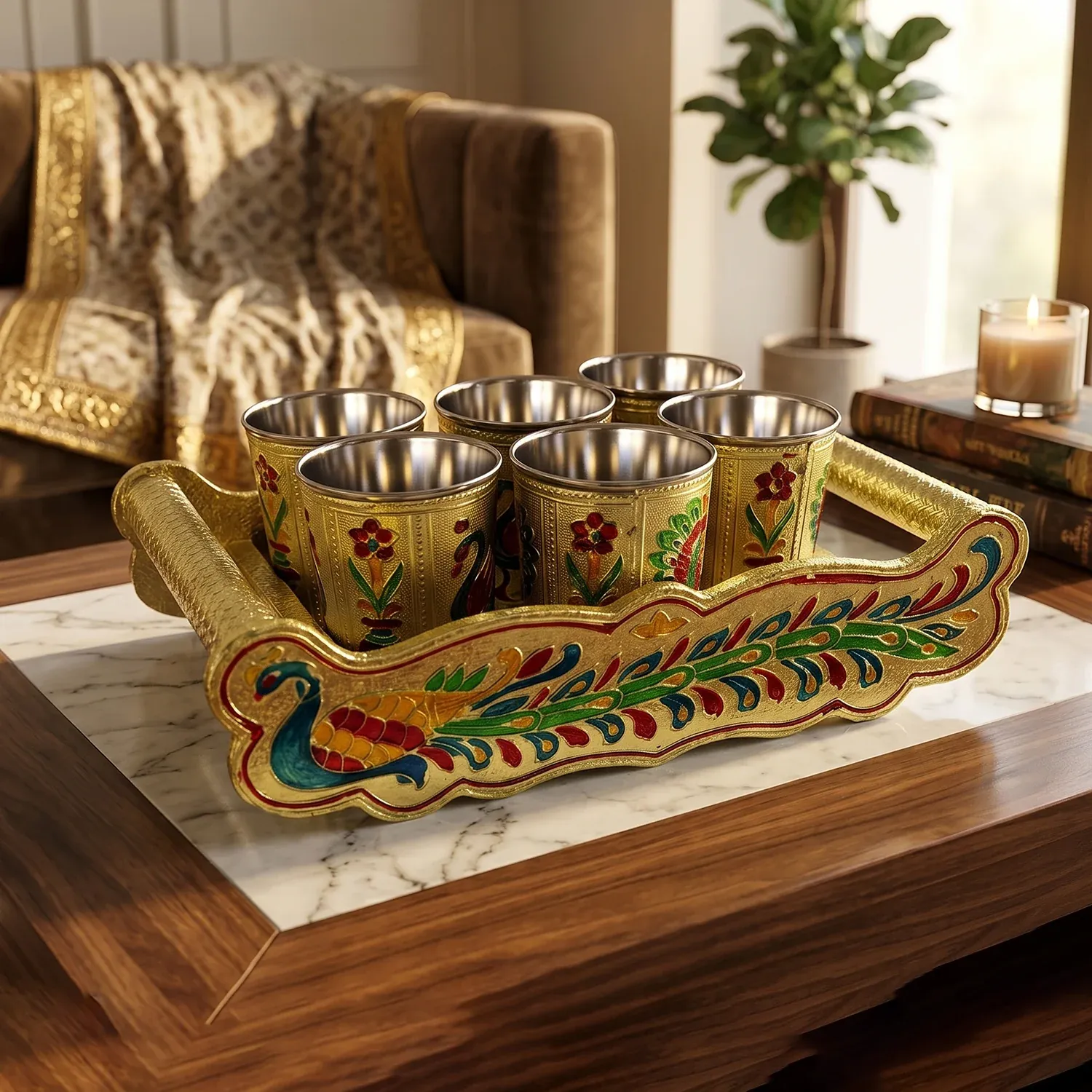 Peacock Minakari Glass & Handicraft Serving Tray Set - 6pcs - Detailed Feature View 6