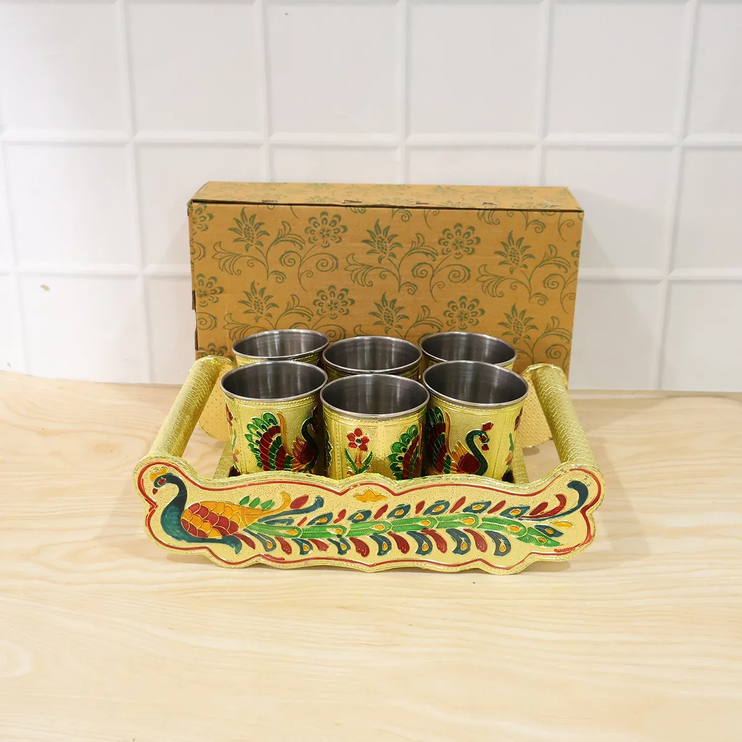Peacock Minakari Glass & Handicraft Serving Tray Set - 6pcs - Detailed Feature View 8