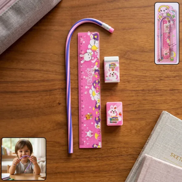 4-In-1 Cute Pink Stationery Set with Ruler, Pencil, Eraser & Sharpener