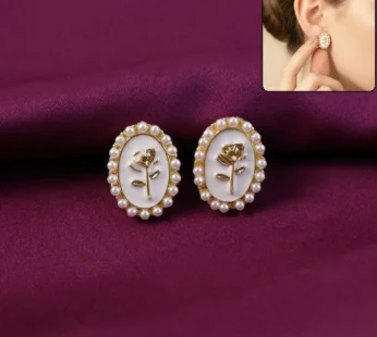 Elegant Vintage Rose Oval Pearl Stud Earrings for Women | Gold Plated Classic Floral Design | Korean Style Jewelry