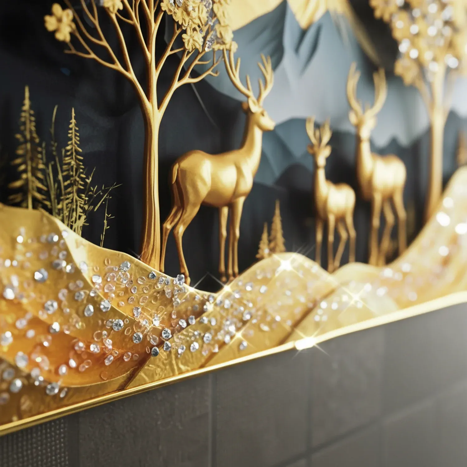 Luxury Golden Deer Wall Art – Elegant Mountain Landscape Decor - Detailed Feature View 2