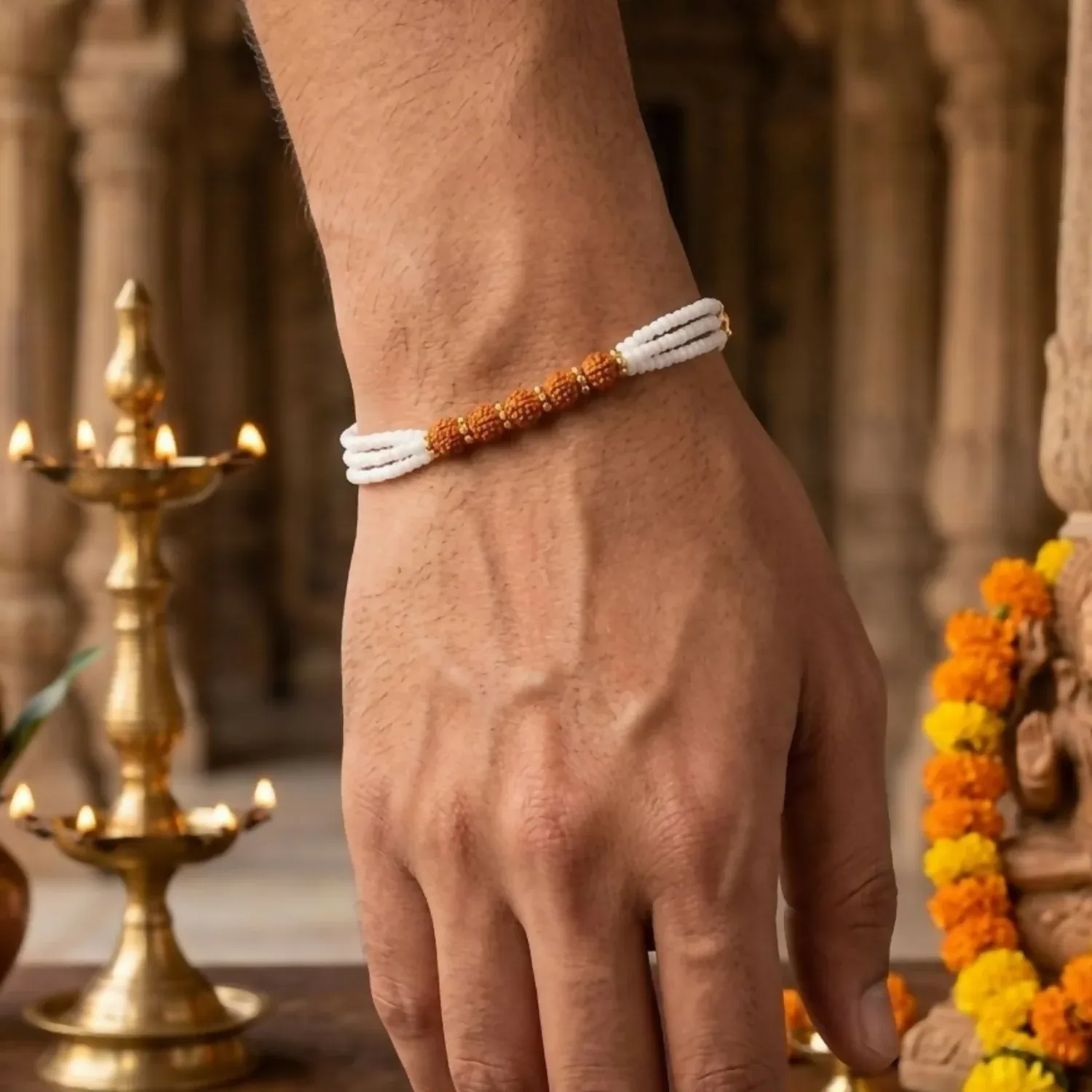 Natural Rudraksha Beads Bracelet with White Pearl & Gold Accents - Detailed Feature View 1