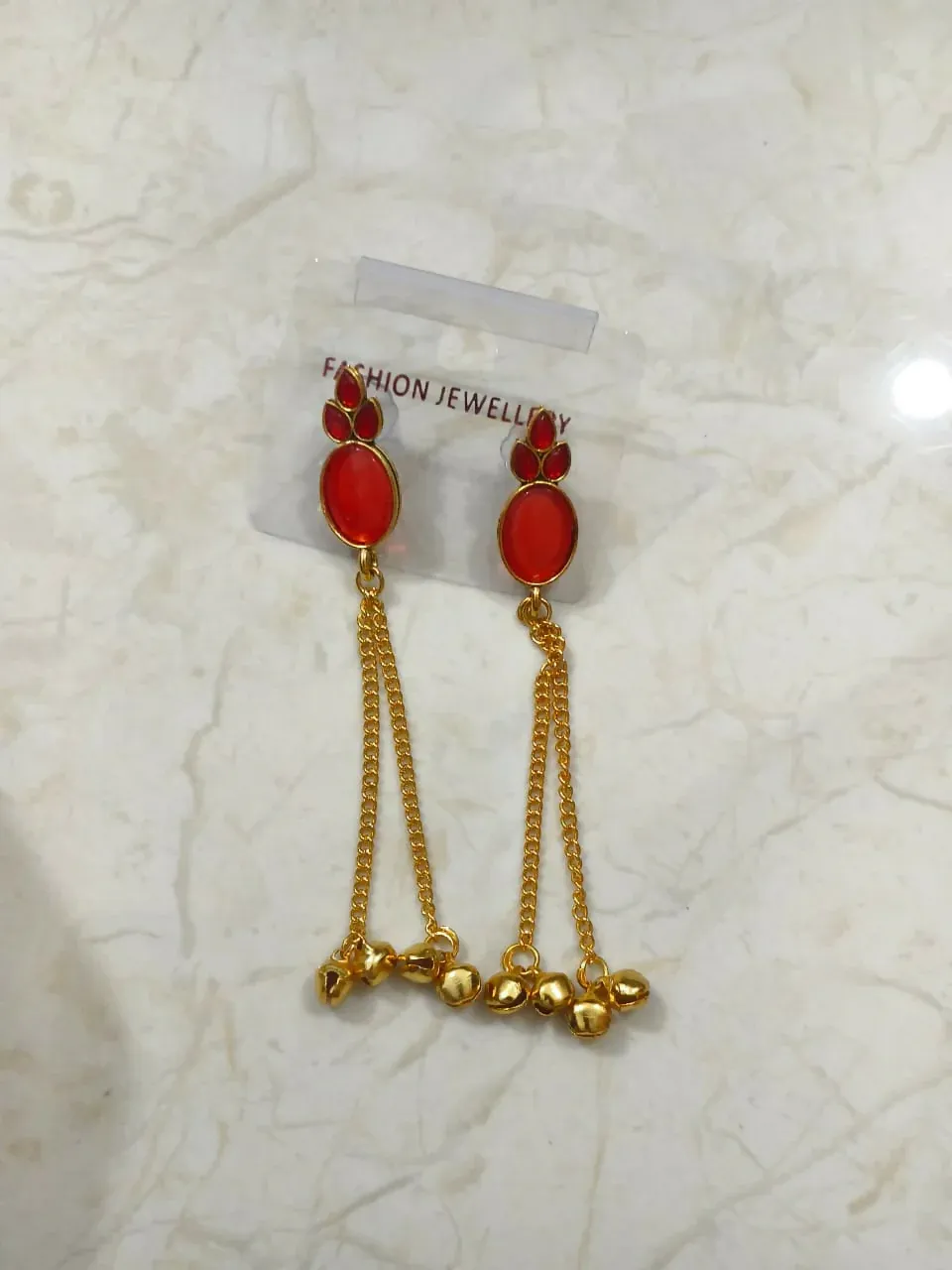 Red Stone Gold Tone Long Chain Tassel Dangler Earrings for Women with Ghungroo Beads - Detailed Feature View 4