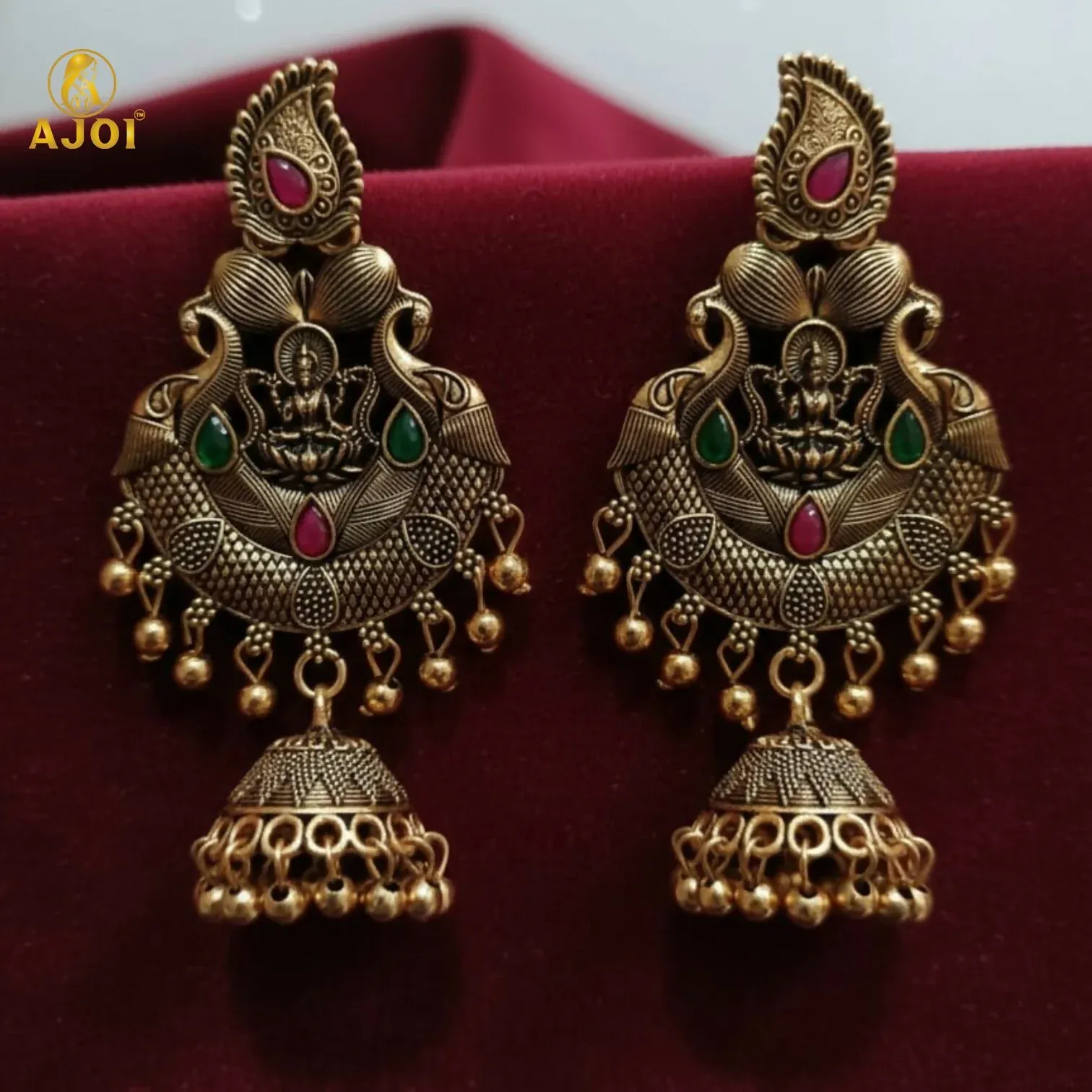 Premium Antique Gold Plated Temple Jhumka Earrings with Lakshmi Motif - Buy Online at Alikart
