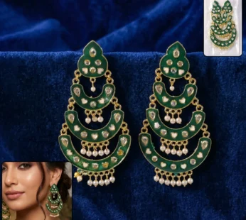 Green Layered Chandbali Earrings with Pearls for Women