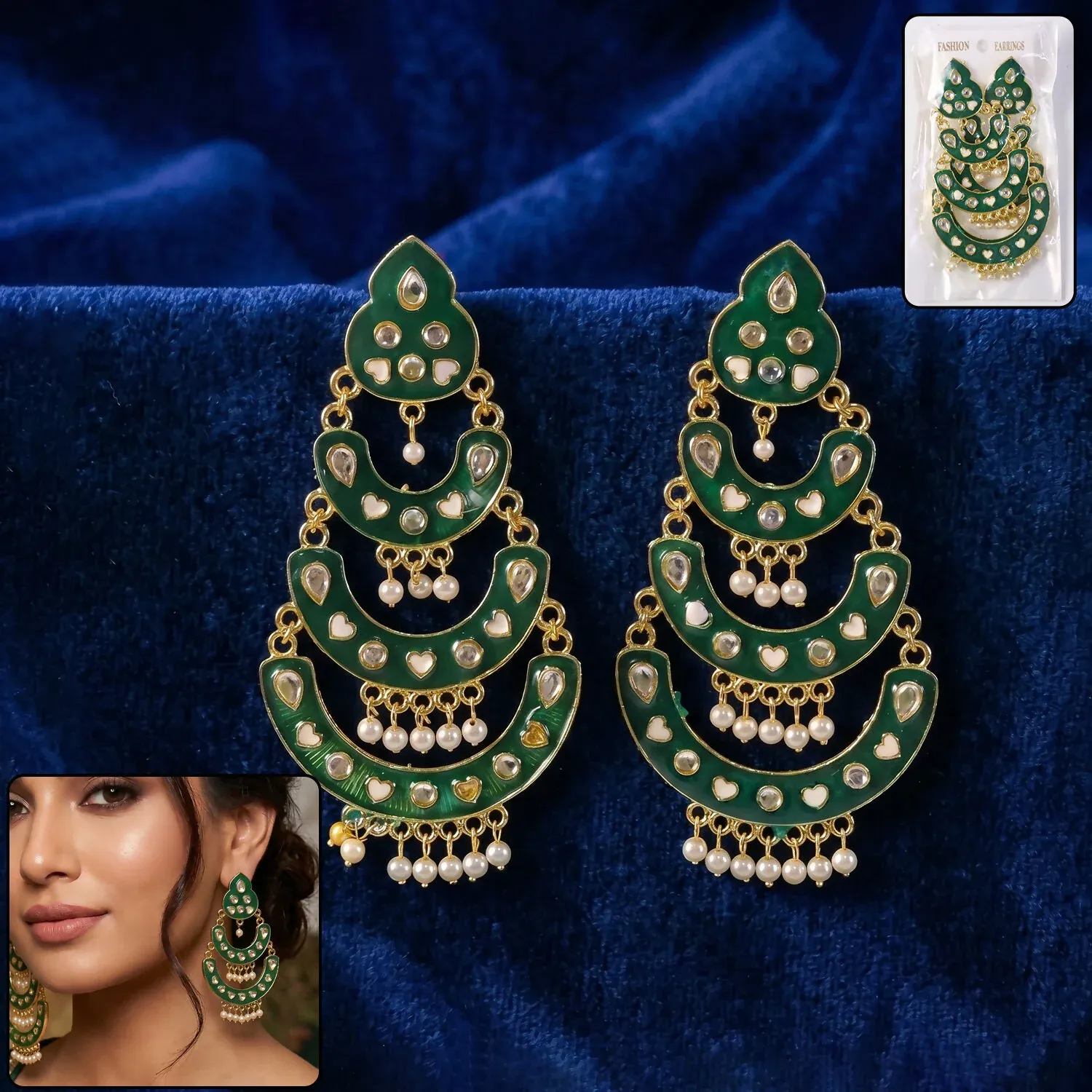 Premium Green Layered Chandbali Earrings with Pearls for Women - Buy Online at Alikart